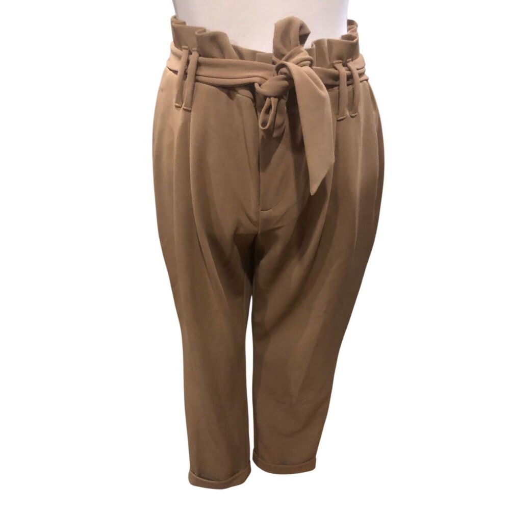 INC International Concepts camel color high waist paper bag self tie belt size 8 - Picture 2 of 13